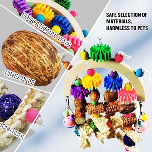 Wooden Parrot Chew Toy, Hanging Foraging Toy for African Grey & Macaw Birds | Colorful gear beads and natural bird toys with small bells relieve boredom, making them ideal cage decorations for parrots