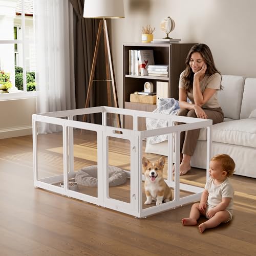 Clear Acrylic Dog Playpen Indoor, Puppy Cat Small Pet Play Pen, Pet Cat Playpen for Rabbits, Dog Fence Crate Kennel Whelping Cage (30", White, 10 Panel) - color: White, size: 30"H