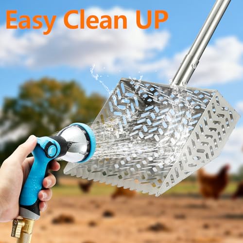 304 Stainless Steel Chicken Poop Scooper & Rake 2-in-1 with Spill-Proof Sides, 10 inch Coop Scoop - 38" to 80" Adjustable Handle & Perfect Sifting Holes