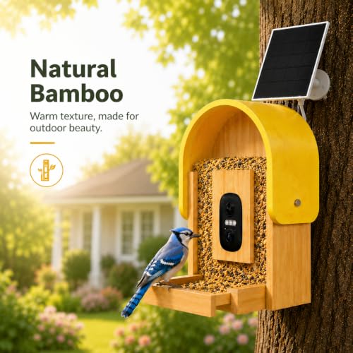 Smart Bird Feeder Camera, 2K HD Solar Powered, AI Bird ID, 2.4GHz WiFi | Solar smart bird feeder with 2K camera, AI bird recognition, app alerts, 2.7L capacity and natural bamboo design.