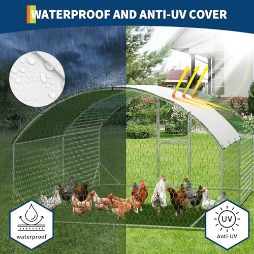 Large Walk-in Metal Chicken Coop for 20 Chickens,Heavy Duty Reinforced Wire Mesh Run with All-Weather Waterproof & Anti-UV Cover,Secure Lock - Outdoor Poultry Pen for Chickens,Ducks (Dome Roof) - size: Medium Dome Roof Bottom Reinforcement