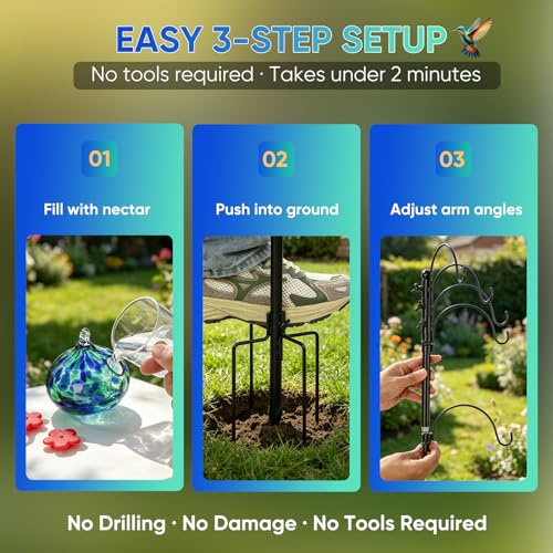 Hummingbird Feeders for Outdoors Set of 5, Hand Blown Glass Hummingbird Feeder with Stand, Decorative Bird Feeder Stand for Garden Yard Outside