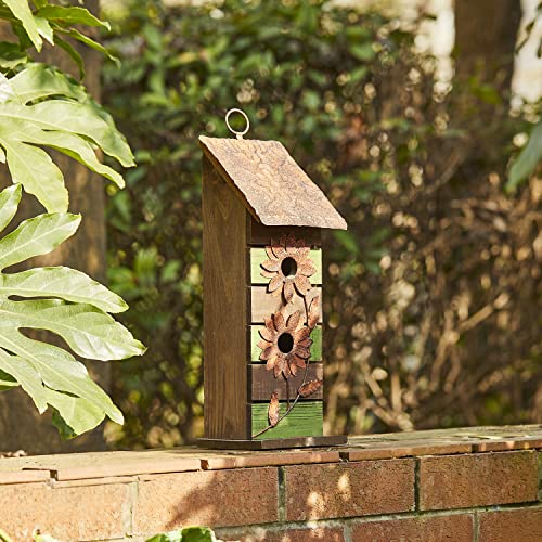 Glitzhome Bird Houses for Outside, 14.45" H Wooden Garden Hanging Bird House Two-Tiered Distressed with Flowers Decorative Birdhouse for Outdoors - color: 14.45 Inch/Green