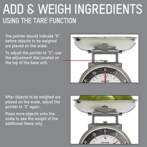 Taylor Mechanical Kitchen Food Scale with Bowl, Weighs Up to 11lbs, Measures in Grams and Ounces, Analog Cooking Scale for Baking, Black and Silver (Pack of 2) - color: Black and Silver, size: Small (Pack of 2)