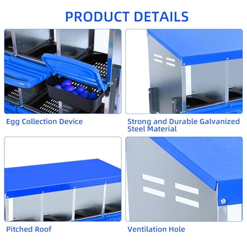 GarveeHome 2-Tier Chicken Nesting Box, 10 Compartment Metal Chicken Laying Boxes with Waterproof Roof ＆ Removable Trays for Hens, Poultry，Easy Egg Collection - color: Blue, size: 53.5"L x 16.9"W x 26.6"H