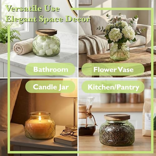 Decorative Green Embossed Glass Jar with Airtight Wooden Lid, 25.4 fl. oz | Wide mouth vintage storage canister, kitchen pantry bathroom organization, coffee sugar tea cookie candy candle vase gift - size: 25.4 Ounces, style: Green Celandine