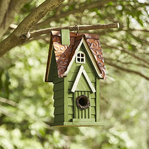 Glitzhome Bird Houses for Outdoors, Hand Painted Distressed Wooden Bird House Hanging Garden Birdhouse for Outside, Decorative Birdhouses for Bluebird Hummingbird Wren Finch Cardinals Cedar 12" H - color: 12"H Green