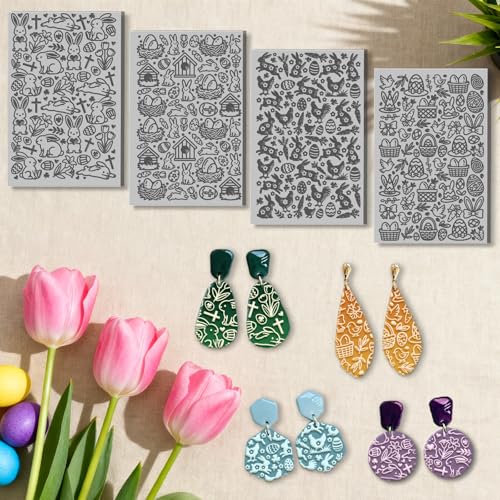 CHGCRAFT 4 Sheets Easter Bunny Clay Texture Mat Easter Chicken Pattern Polymer Clay Texture Sheets DIY Tools for Pottery Earring Jewelry Making Stamp Engraving Machines, 3.9x2.6inch - style: Easter Chicken