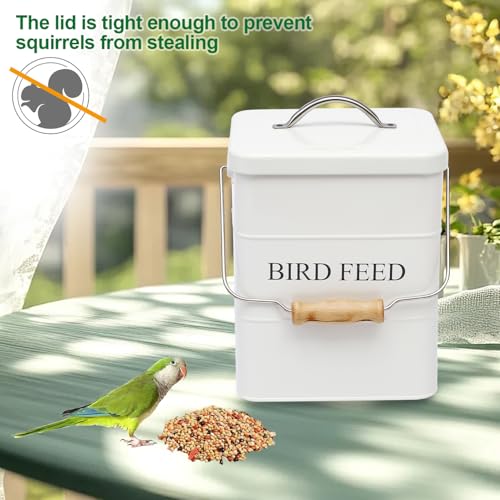 Bird Seed Storage Container Airtight,5~6LB Metal Bird Food Container with Scoop,Wild Birds Feed Tin for Storing Sunflower Seed-Ideal for Outdoor or Indoor-Squirrel proof -White - color: White