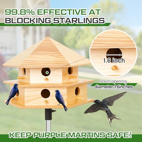 Yaocom Purple Martin House, 12 Room Martin BirdHouses for Outside, Sycamore Wood Construction & Waterproof(Wood Color,16.54 x 14.57 x 11.81 Inches)
