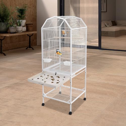 Bird Cage, 18.11 x 18.11 x 53.54 Inch Mobile Bird Flight Cage Large Metal Parakeet Cage w/Slide-Out Tray & Storage Shelf for Budgerigars Lovebirds Kea Parrots & Sun Conures - color: White, size: 18.1"L x 18.1"W x 53.5"H