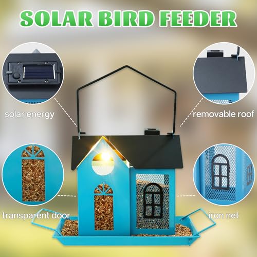Solar Bird Feeder for Outdoors - Blue Metal Hanging Bird Feeder with Solar Light, Decorative for Wild Cardinals, Finches, Weatherproof Backyard Garden Decor Ideal Gift for Women Mom Grandma - color: Blue