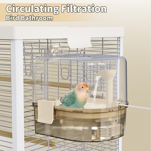 Automatic Bird Baths for Cage – Indoor Parakeet Bath with Pump, Bird Shower with 2 Modes Running Water, Bird Cage Accessory for Pet Birds Conure Budgies Cockatiels Lovebird (Light Brown) | Quiet auto pump with 4-layer filter & 4 refills Easy-clean clear t