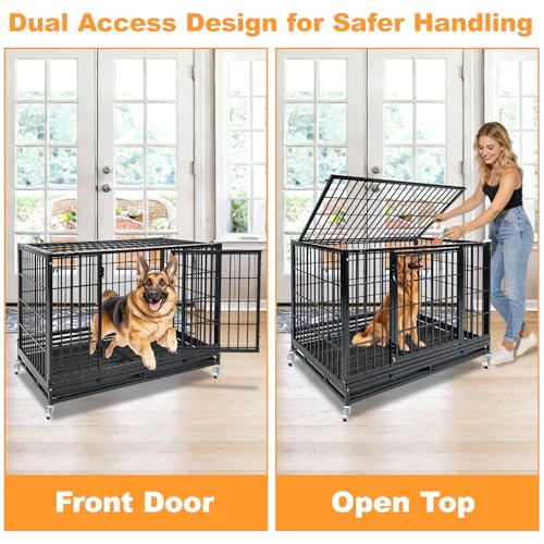 Homey Pet Heavy Duty Dog Crate for Large Dogs, Indestructible Kennel | 47 Inch Stackable Large Dog Cage with Lockable Wheels, Removable Tray & Grid, Multi Locks Strong & Solid Escape Proof - size: 46.5"L x 28.5"W x 35"H