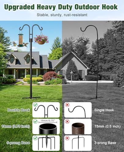 Shepherds Hooks for Outdoor Plant Hanger Hummingbird Feeders for Outdoors | Double Shepherds Hooks ,86 Inch Bird Feeder Pole, Thick Heavy Duty Bird Feeder Stand with 5-Prong Base,Solar Light,7 Pack - size: 76inch
