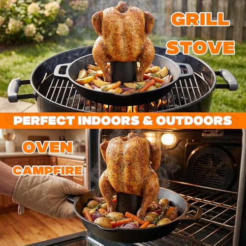 onlyfire Pre-Seasoned Cast Iron Chicken Roaster for Beer Can Turkey | Poultry Holder with Drip Tray for Beer Can Chicken, Vertical Stand for Grill, BBQ and Oven