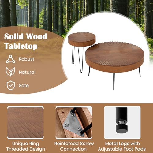 COSTWAY Farmhouse Round Coffee Table Set of 2, Rustic Sofa Side Tea Tables w/Wood Finish, Metal Frame, Adjustable Foot Pads, Nesting End Table Set for Living Room, Bedroom (Radial Pattern, Brown) - color: Brown, style: Radial Pattern