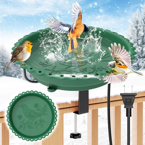 Heated Bird Bath for Outdoors,Deck Railing Heated BirdBaths,Green | Upgraded 100W,Thermostatically Controlled,Adjustable Clamp 3.2",Easy Clean/Install,Detachable Bowl,Garden Yard Patio Lawn - color: Green