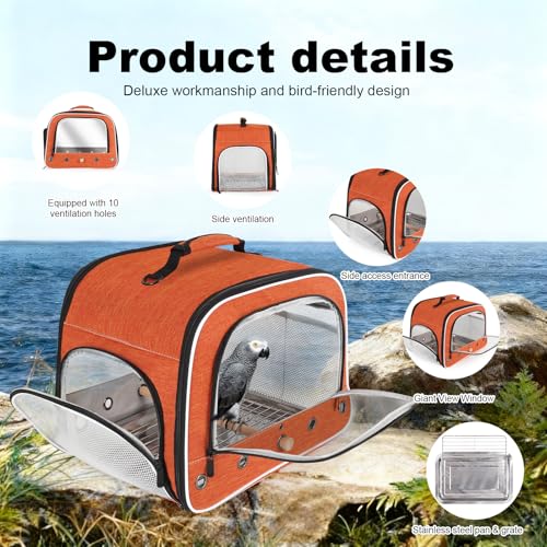 Bird Carrier Bag for Small to Large Bird, Portable Travel Carrier Cage with Standing Perches Metal Tray and Grate (Orange, Large Carrier) - color: Orange