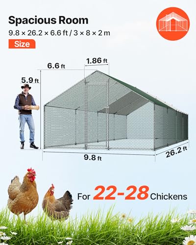 VEVOR Large Metal Chicken Coop with Run, 9.8x26.5x6.5 ft Walk-in Chicken Runs for Yard with Cover, Spire Roof Hen House with Security Lock for Outdoor and Backyard, Farm, Duck Rabbit Cage Poultry Pen - size: 314.9"L x 118.1"W x 78.7"H
