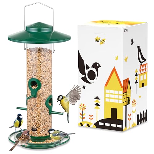 iBorn Bird Feeders for Outdoors, 1.5LB Metal Bird Feeders 17cm Large Roof &Tray, 4 Feeding Ports, Green Finish - color: Green, 2LB, 4 Ports