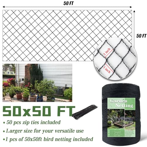 50 x 50 FT Bird Netting,1" Mesh Garden Netting,100PCS Zip Ties | Heavy Duty Bird Net Poultry Netting Fence for Chicken Coop,Fruit Trees,Plants and Vegetables Against Birds, Deer, Squirrels - size: 50 x 50 FT 1" Mesh