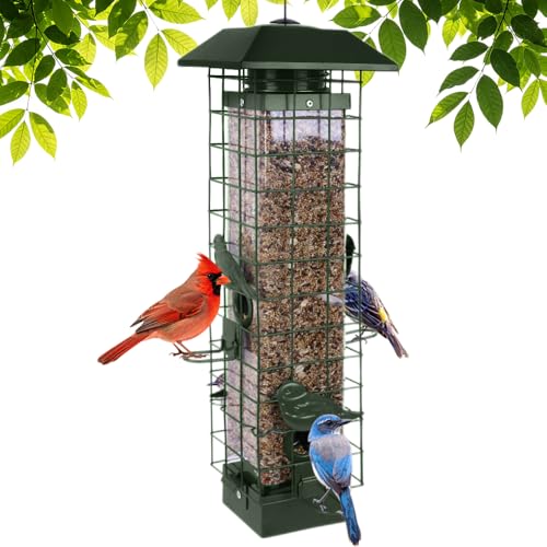 Squirrel Proof Bird Feeders for Outdoors, Metal Wild Bird Feeder for Outside Hanging, 4 Ports Perches, 3LB Large Capacity (Green) - color: Green