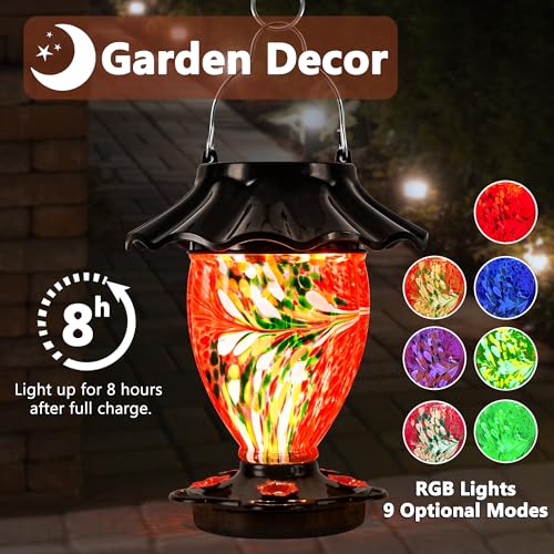 LUJII Solar Hummingbird Feeder for Outdoors Hanging with Color Changing, Hand Blown Glass Reservoir, 32 fl.oz, Never Leak, Lighted Lantern for Garden Decor, Unique Gift for Bird Lover (Red) - color: Red