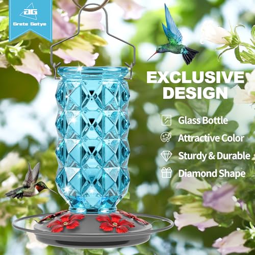 2 Pack Glass Hummingbird Feeders for Outdoors, 25 Ounces Wild Bird Nectar Feeder with Perch & 5 Flower Feeding Ports Leak Proof Hanging for Garden Backyard Decor, Gifts for Women Mom, Red & Blue - color: 2 Pack Diamond Sparkling Red & Blue