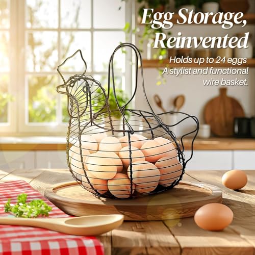 Flexzion Chicken Egg Holder, Black, Rectangular Wire Basket with Handle for Eggs, Fruits, Vegetables, Countertop, Farmhouse Rustic Style - size: Medium Chicken Basket