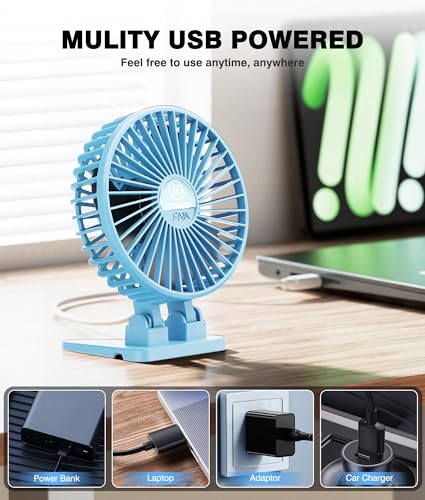 JZCreater USB Desk Fan, Mini Fan Portable, 3 Speeds Desktop Table Cooling Fan, Plug in Power Fan, Rotation Strong Wind, Quiet Personal Small Fan for Home Desktop Office Travel Bedroom, Blue - color: Blue01