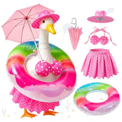 Bikini Porch Goose Outfits - 23" Lawn Goose Statue Pink Summer Costume with Hat, Swim Ring & Parasol - Hawaiian Pink Polka Dot Geese Clothes for Outdoor Patio Yard Decoration - style: Pink dots