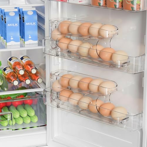 Egg Holder for Fridge, 2 Pack, FIFO Egg Roller for Eggs 24 Count | Auto Rolling Egg Storage Organizer for Refrigerator, Clear Space Saving Container, Dispenser - size: 2 Packs
