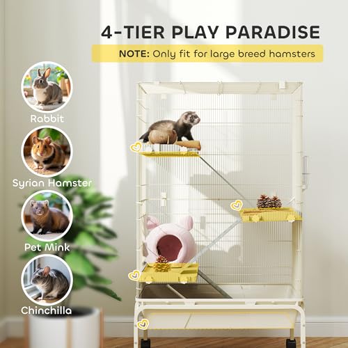 PawHut 47" Small Animal Cage, 4 Levels Large Rolling for Syrian Beige | Metal Ferret Chinchilla Rabbit Cage, 5.9" Deep Tray, 3 Ramps, Water Bottle, Food Dish, Squirrel