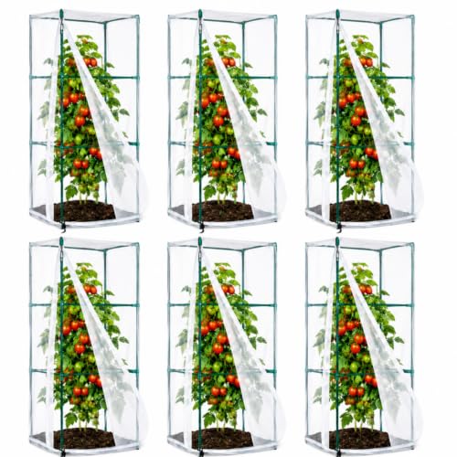 6 Pack Tomato Cage Covers, 18" x 60" Fine Mesh Plant Covers with Zipper & Drawstring, Reusable Garden Netting Protector Against Birds, Insects & Animals for Tomatoes, Peppers, Cucumbers