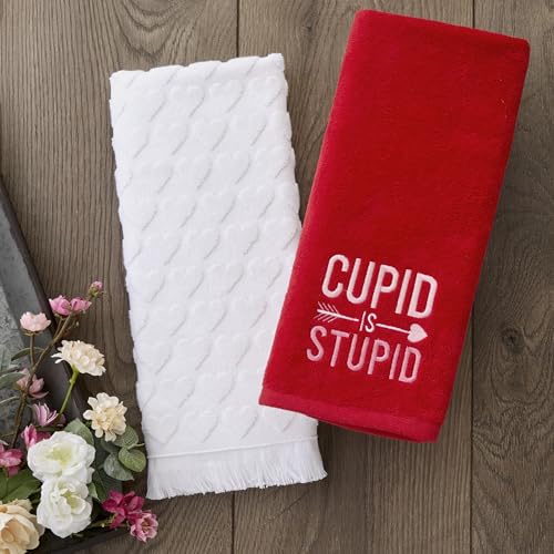 SKL Home Valentine's Day Heart Jacquard 100% Cotton 2pc Hand Towel Set, Decorative for Bath/Kitchen/Bar & Gift, White - color: Heart Jacquard, White