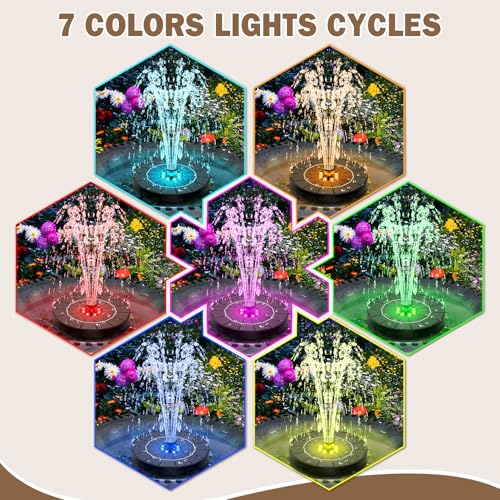 Yzert Solar Fountain for Bird Bath Colorful Lights Automatic Cycle 3.5W Solar Water Fountain Outdoor Garden 2200mAh Battery