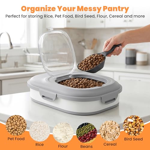 28 Lbs Dog Food Storage Container, Collapsible Cat Food Container | Airtight Pet Food Storage Containers with Wheels, Clear Window, Measuring Cup and Scoop, BPA Free for Rice, Flour, Bird Seed - color: Grey/28lbs