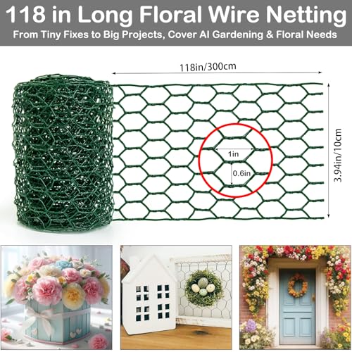 Chicken Wire 4in x 118in with a Pair of Gloves，1 Wire Cutter，50 Pcs Cable Zip Ties, Floral Chicken Wire Mesh 0.8mm Hexagonal Galvanized PVC Coated Garden Netting Fence for Craft Poultry Garden - size: 4in x 118in