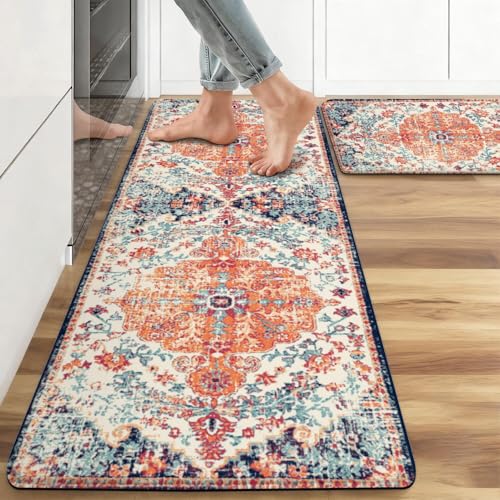 Boho Anti Fatigue Kitchen Mat, Orange, 17"x47"+17"x29" | Cushioned Non-Slip Floor Rug, Country Rustic Farmhouse Kitchen Decor Sets of 2, for Home, Sink, Laundry - color: Orange