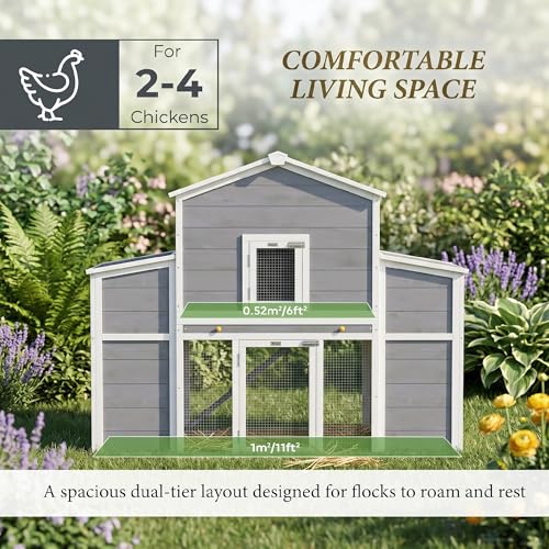 PawHut 66.5" Large Chicken Coop with Waterproof Roof, Ramp for 2-4 Hens | Wooden Chicken House, 2 Nesting Boxes, Sliding Tray, Outdoor Hen House Poultry Cage, Farm, Backyard
