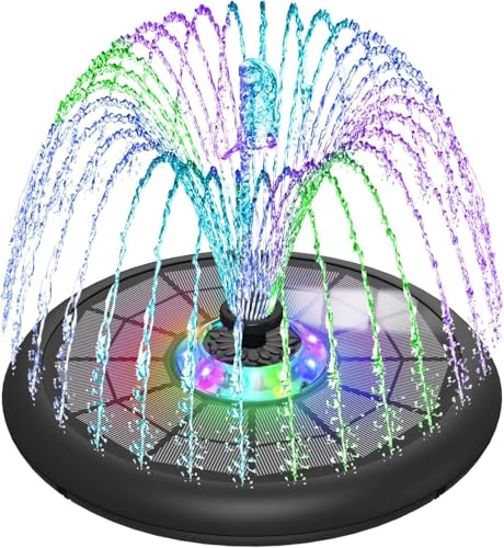 SZMP Powerful 5W Solar Powered Water Fountain for Bird Bath, Upgraded Glass Panel with Colorful Light Show, 7 Nozzles, Anti-Drift Fixer, 2000mAh Battery