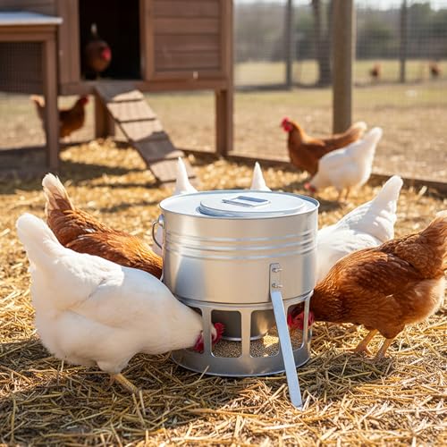 KOL Metal Chicken Feeder - 20lbs No Waste Chicken Feeder with 12 Ports, Powder Coated Rust-Proof Design & Smooth Edges for Safe Feeding (Silver) - color: Silver