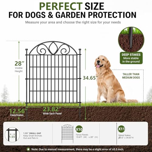 No Dig Garden Fence Outdoor for Yard, 10 Panels | 28in(H) x19.6ft(L) Rustproof Metal Animal Barrier, Temporary Dog Fence, Decorative Fencing for Flower Bed, Patio, and Pet - size: 28 in(H) X 19.6 ft(L)