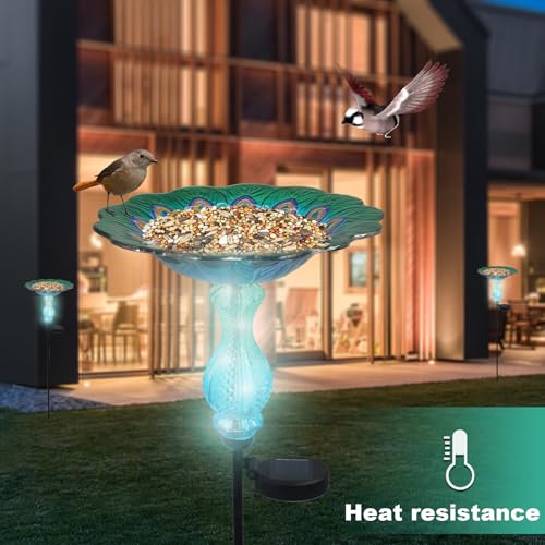 Blue Peacock Ground Stake Solar Bird Feeder for Outside,Bird Pond Outdoor Glass BirdBath with Metal Stake Garden Yard Outdoor, Garden Decoration Yard 32 inches