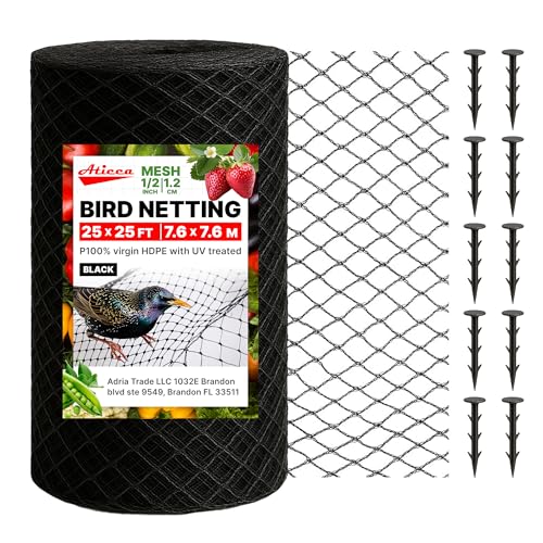 ATICCA Heavy Duty Bird Netting for Garden Protection & Fruit Trees, 25x25 Ft with 10 Stakes – Black Anti-Bird Net for Poultry, Deer, & Squirrel Protection, Durable Mesh for Garden and Yard Use - size: 25x25 Bird Netting