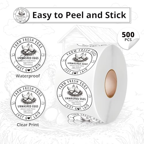 500Pcs Farm Fresh Egg Carton Stickers Labels, 1.7 Inch Self Adhesive Unwashed Eggs Lables for Farm Small Businesses and Chicken Farms Farmers Markets - color: Unwashed Eggs