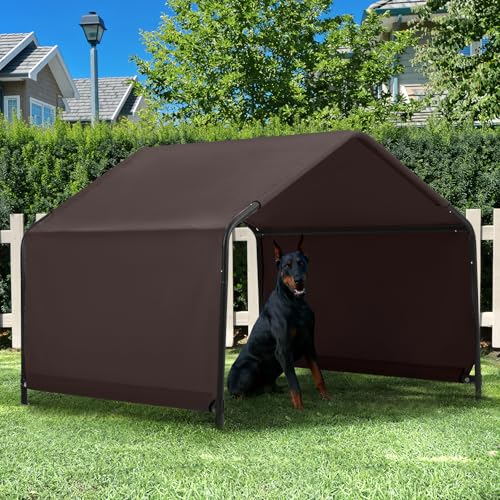 Dog Shade Shelter Outdoor 4'x4'x3' Tent for Large Medium Dogs, Outside Sun Rain Canopy Pet House for Livestock Pigs Cats with Waterproof Roof Ground Nails,Brown - color: Brown