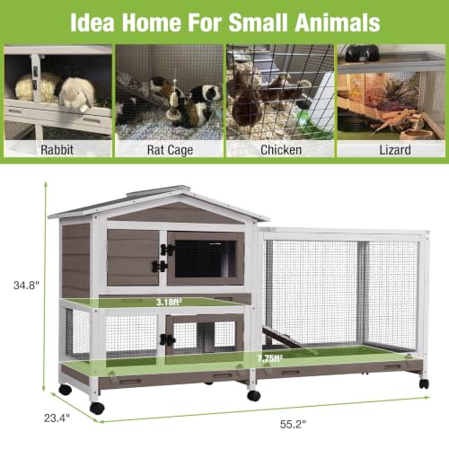 GUTINNEEN Rabbit Hutch with Chew-Resistant Ramp Indoor Bunny Cage Outdoor Guinea Pig Cage with Wheels and Leakproof Tray - size: 62.0"L x 22.6"W x 33.5"H