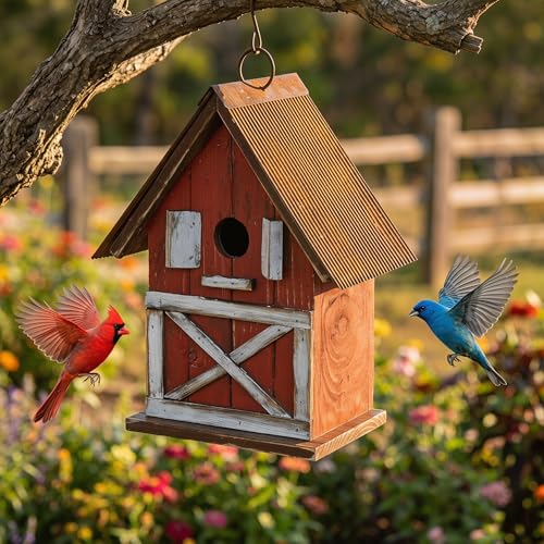 Topadorn Rustic Barn-Style Wooden Birdhouse, 10.5" Hanging Bird House | Bird House with Metal Roof, Easy Clean for Bluebirds Cardinals Chickadees, Outdoor Garden Decor